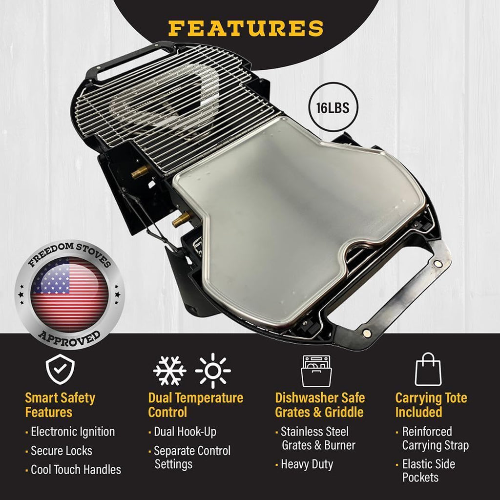 Portable Propane Grill & Griddle Combo by Freedom – Lightweight Foldable Gas Grill (16 lb), Dual Burners 9,200 BTU, Electric Ignition, Tote Included – Ideal for Camping, RV, Tailgating