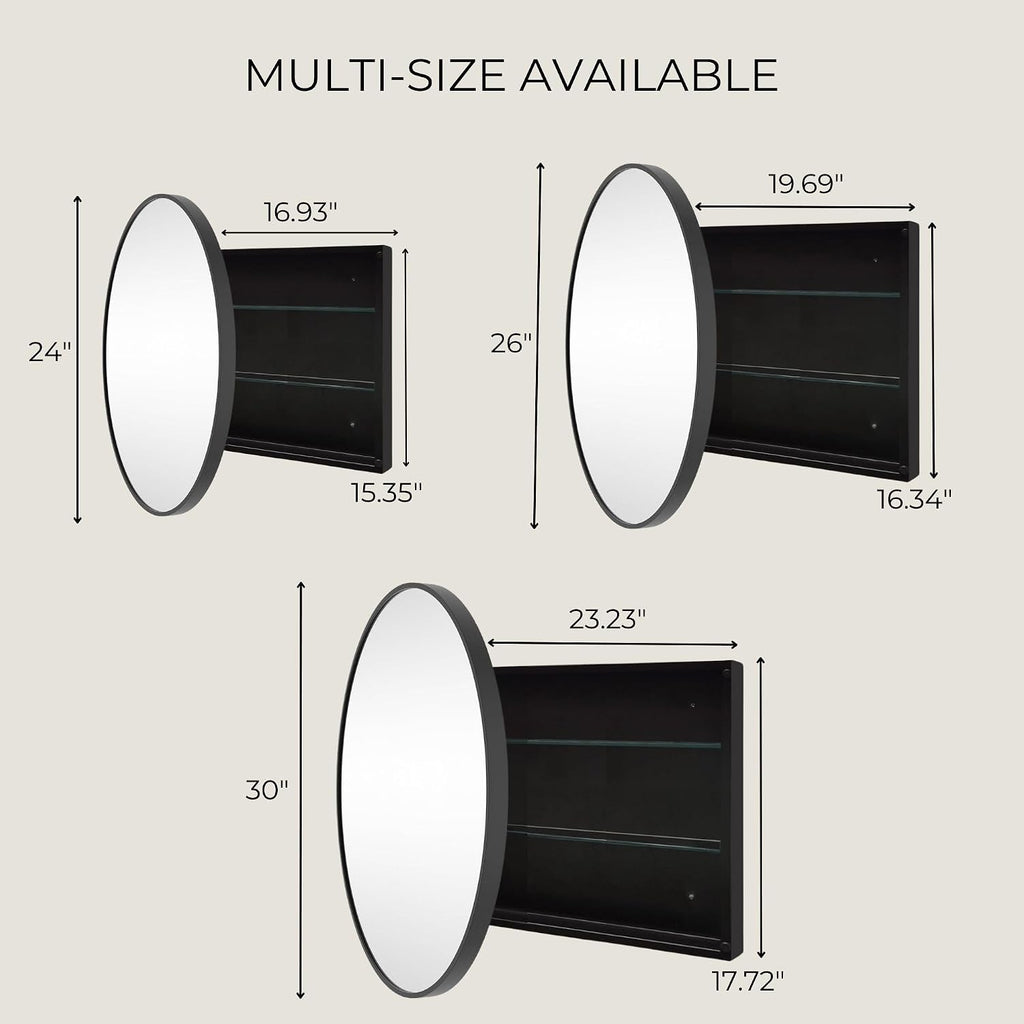 Surface Mount Black Round Circle Bathroom Medicine Cabinet with Mirror Circlular Shaped Stainless Steel Metal Framed Medicine Cabinets Bathroom Cabinet with Mirror 24'' Diameter