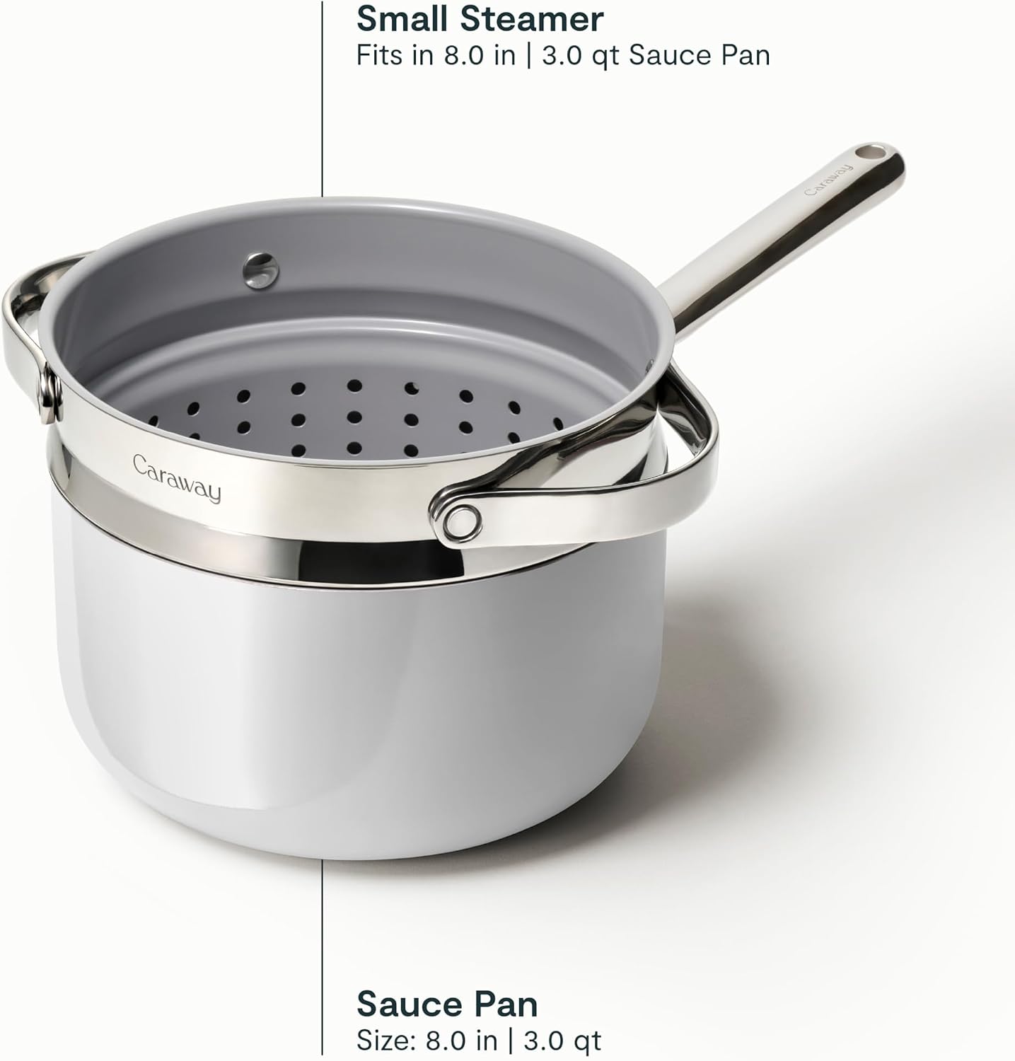 Caraway Nonstick 3 Qt Ceramic Sauce Pan with Lid & Steamer - Non Toxic, PTFE & PFOA Free - Oven Safe & Compatible with All Stovetops (Gas, Electric & Induction) - Gray