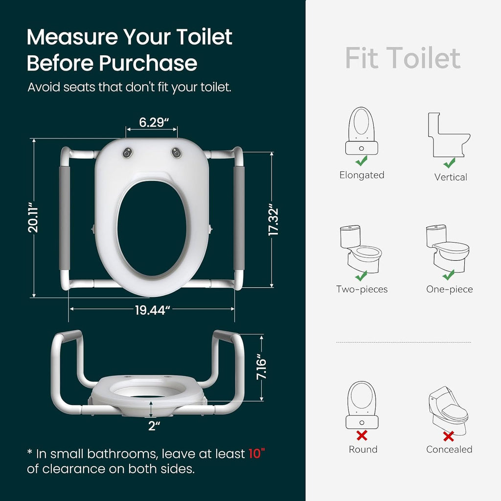 R&T 2' Toilet Seat Riser with Handles – Comfortable Raised Toilet Seat for Seniors, Fits for Elongated Toilets, Elevated Seat with Soft Grey Padded Arms for Bathroom