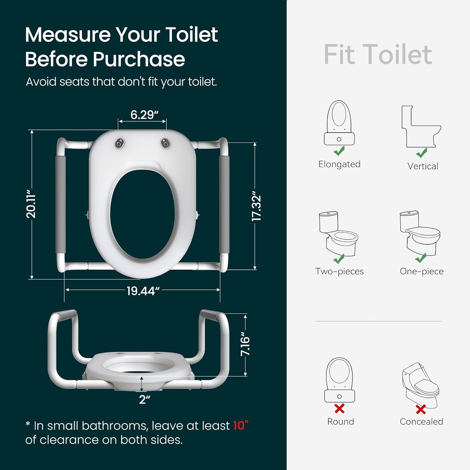 R&T 2' Toilet Seat Riser with Handles – Comfortable Raised Toilet Seat for Seniors, Fits for Elongated Toilets, Elevated Seat with Soft Grey Padded Arms for Bathroom