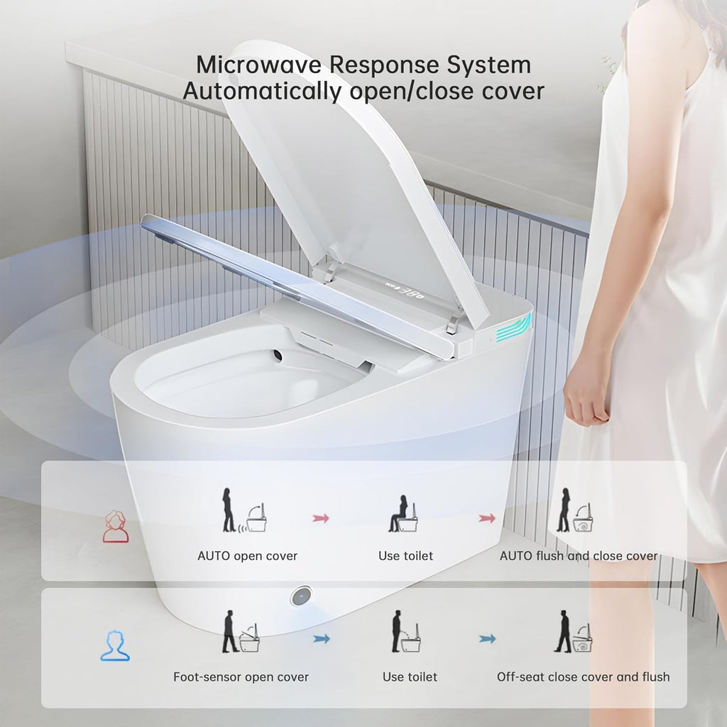 Smart Toilet with Bidet Built In, Foot Sensor Operation, Elongated Tankless Toilet with Automatic Flush, Dual Flush, Heated Bidet Seat for Bathrooms