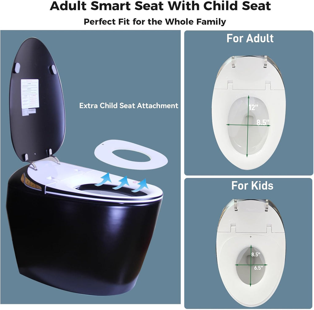 WinZo Luxury Smart Toilet With Bidet Seat, Elongated Egg Shaped Modern Design, Auto Open Auto Flush, Adjusted Heated Seat, Warm Water and Dryer, Night Light, Side Buttons, Matte Black
