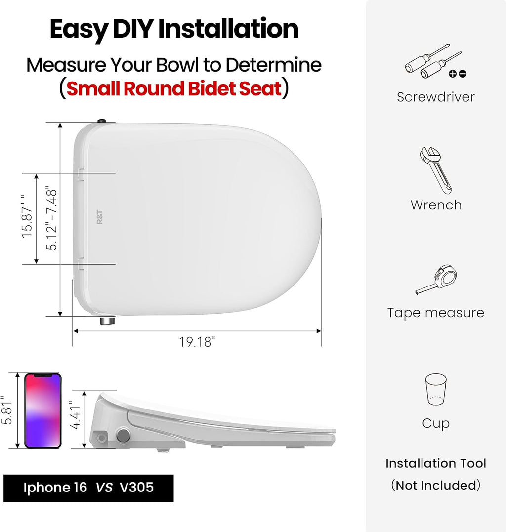 R&T Electric Bidet Seat for Small Round Toilet, Adjustable Warm Water, Air Dryer, Heated Seat, Night Light, Deodorization V305-2