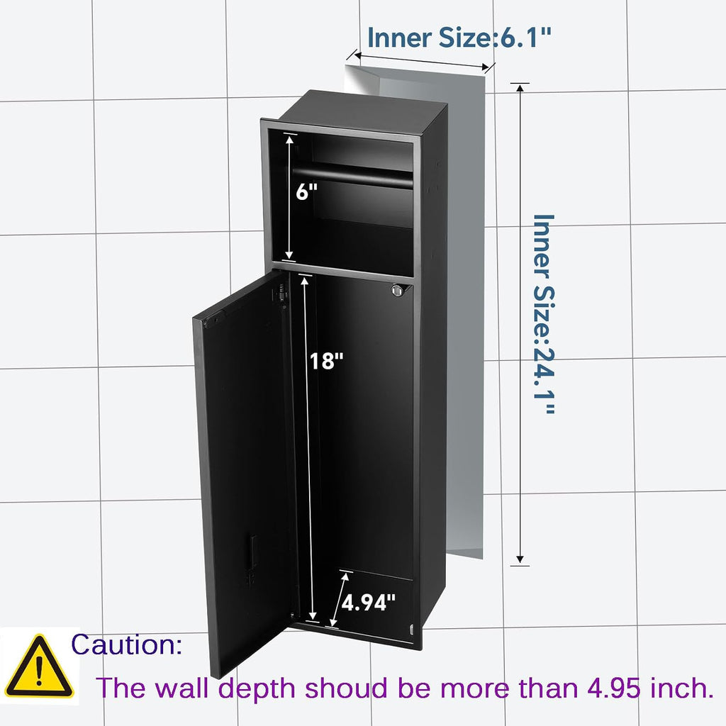 Recessed Toilet Paper Holder Plus Toilet Brush Cupboard in Matte Black with Toilet Brush, Size 6 * 24 * 4.94in (L*H*D), Built-in Toilet Paper Dispenser, Modern and Space-Saving for Bathroom