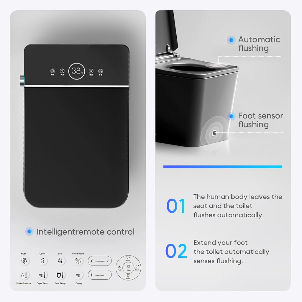 Black Square Luxury Smart Bidet Toilet with Remote Control, Tankless Design, Foot-Sensing Lid Operation, Auto Flush & Closing, Heated Seat & Warm Air Dryer, Unique Fashionable Shape