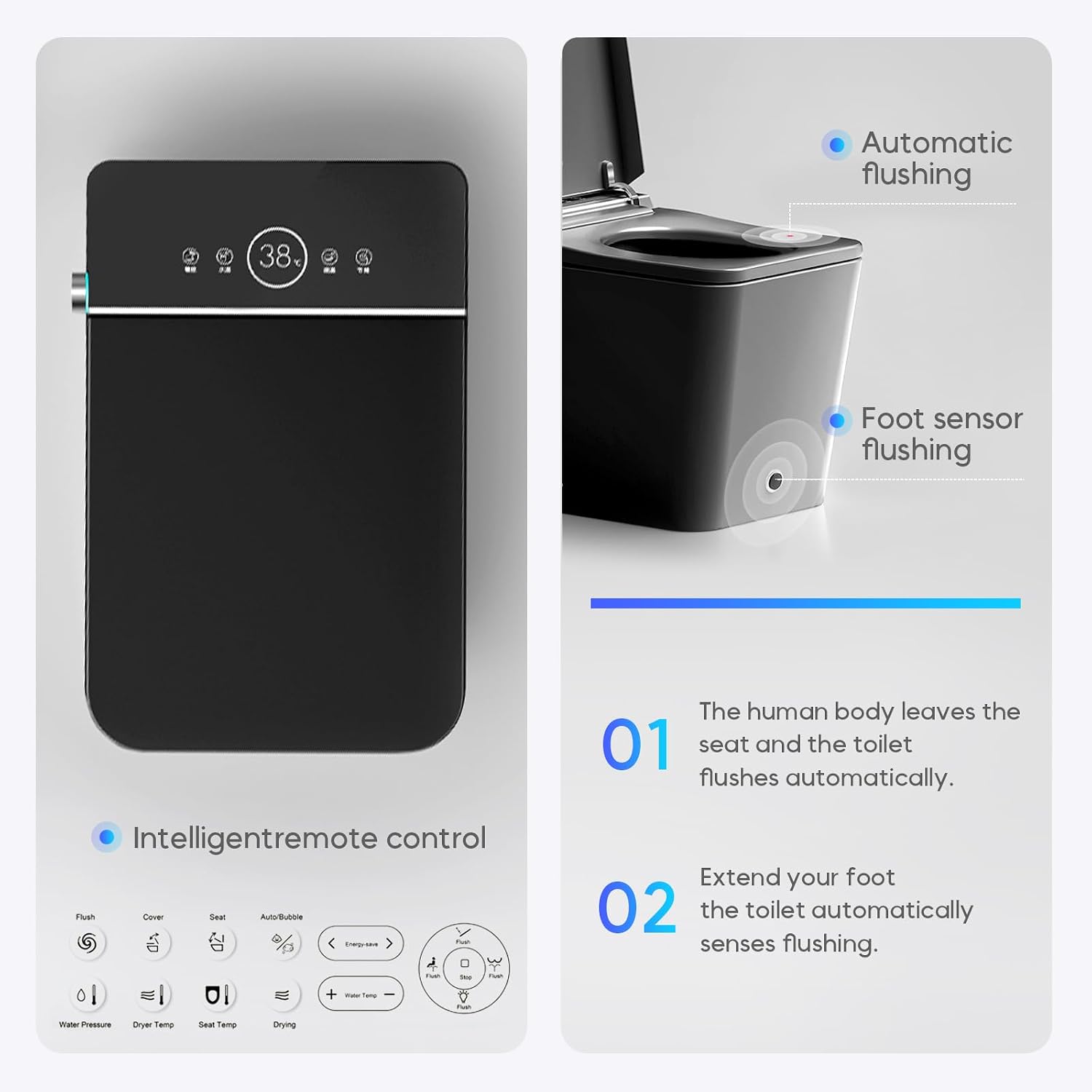 Black Square Luxury Smart Bidet Toilet with Remote Control, Tankless Design, Foot-Sensing Lid Operation, Auto Flush & Closing, Heated Seat & Warm Air Dryer, Unique Fashionable Shape