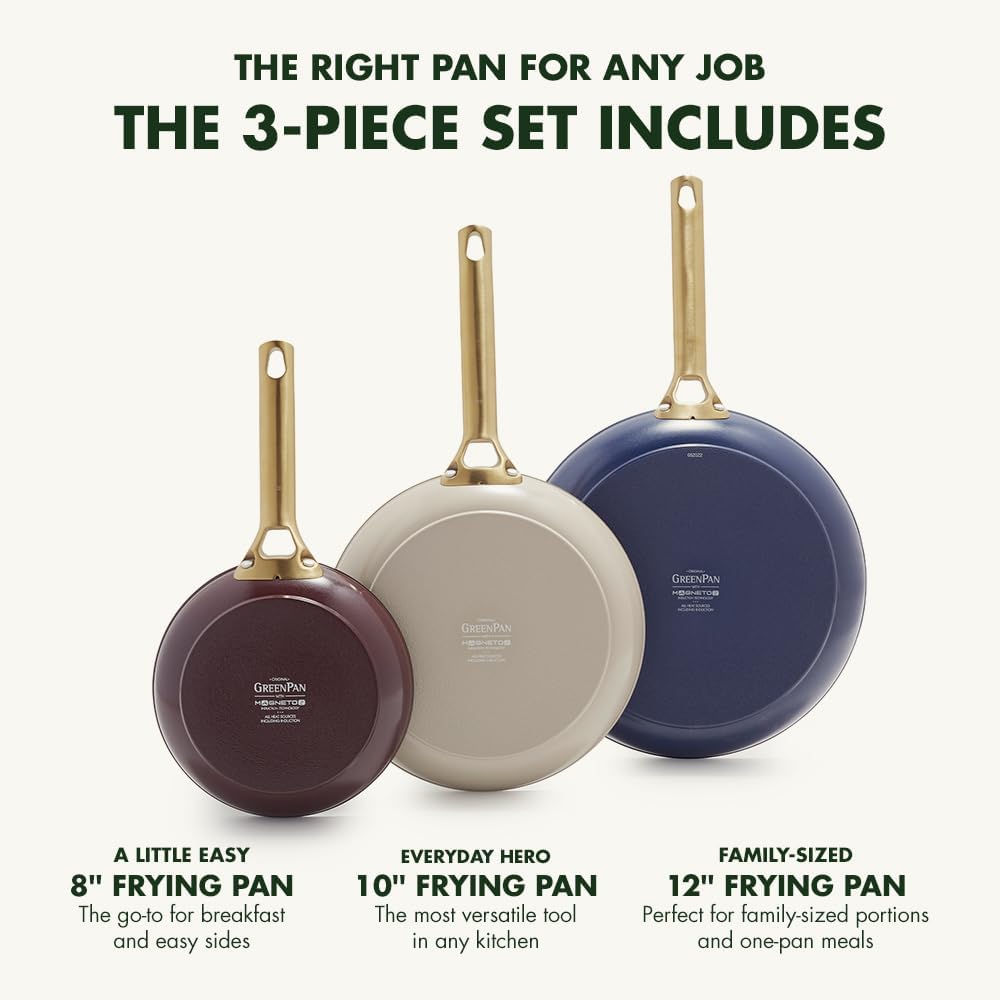 GreenPan Hard Anodized Healthy Ceramic Nonstick, 8' 10' and 12' 3 Piece Frying Pan Skillet Set, Gold Handle, PFAS-Free, Induction Suitable, Dishwasher Safe, Oven Safe, Multi Color Mix