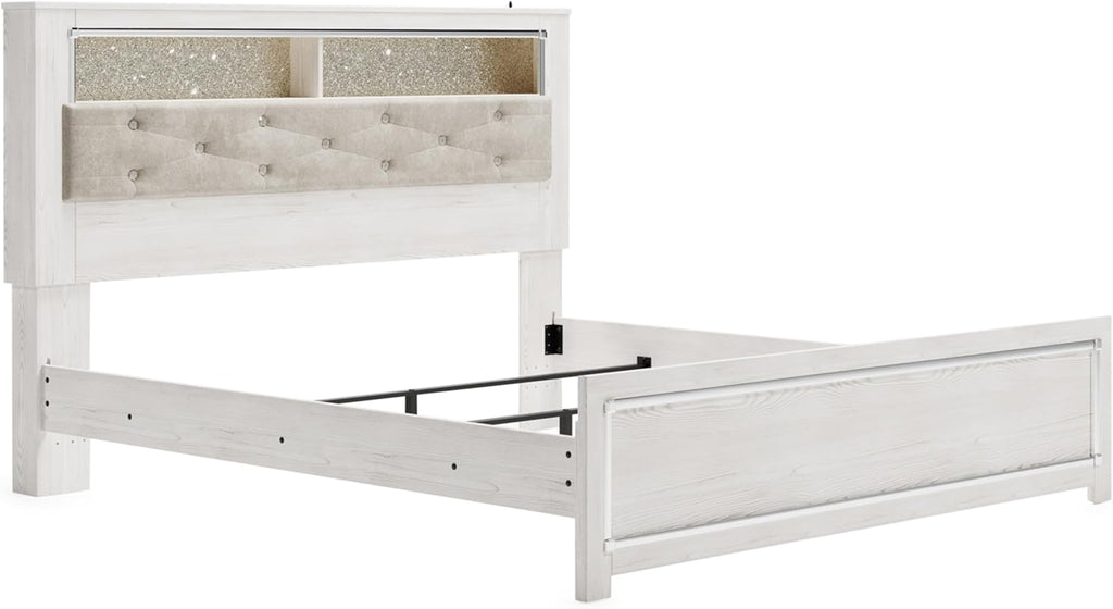 Signature Design by Ashley Altyra Modern King Tufted Panel Bookcase Bed, Foundation or Box Spring Needed, White