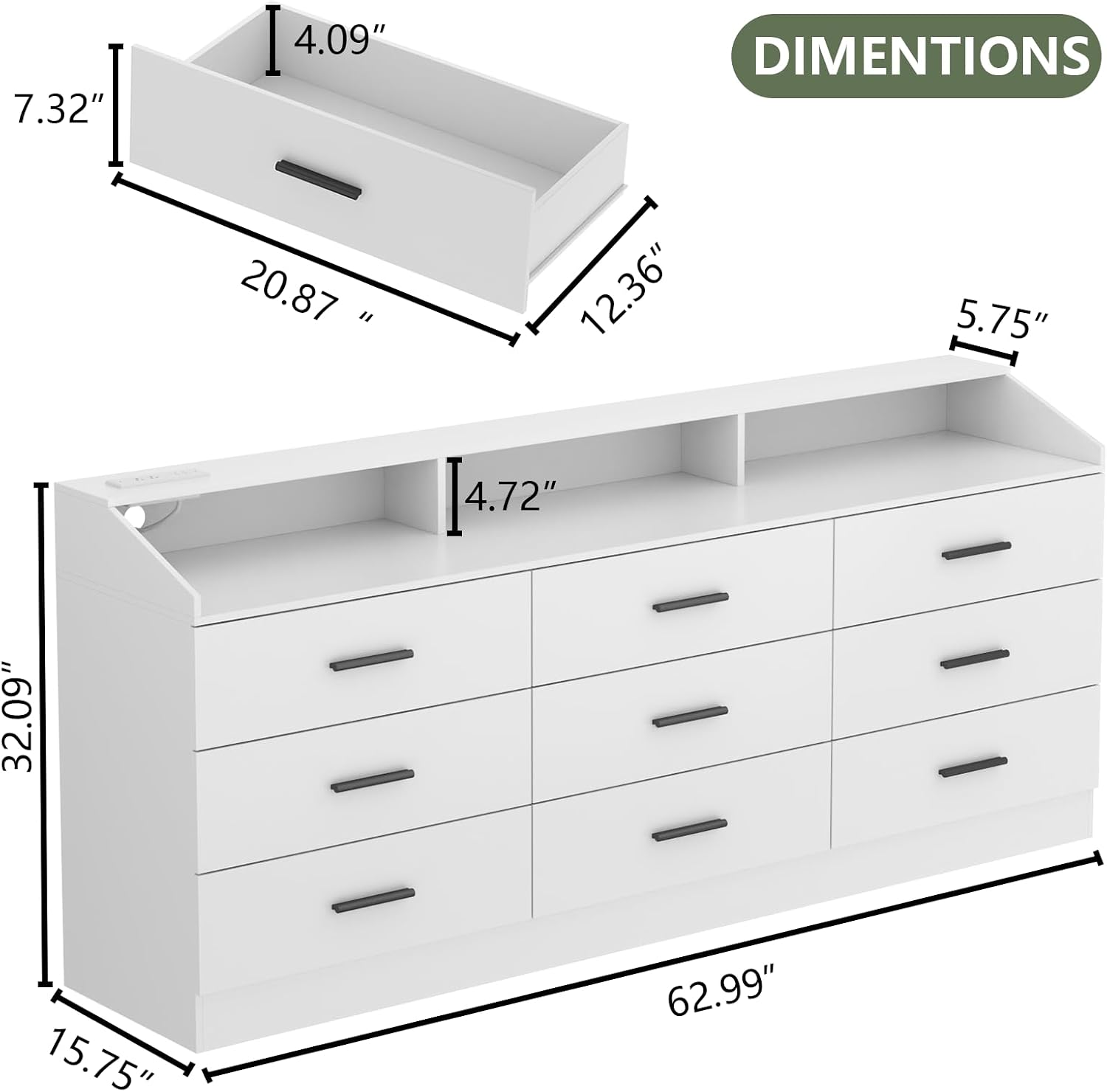Gyfimoie 9 Drawers Dresser for Bedroom with Power Outlet, Chest of Drawers with LED Light, Modern Dressers with Open Storage Cubby, Triple Wide Dressers Organizer for Living Room (White)