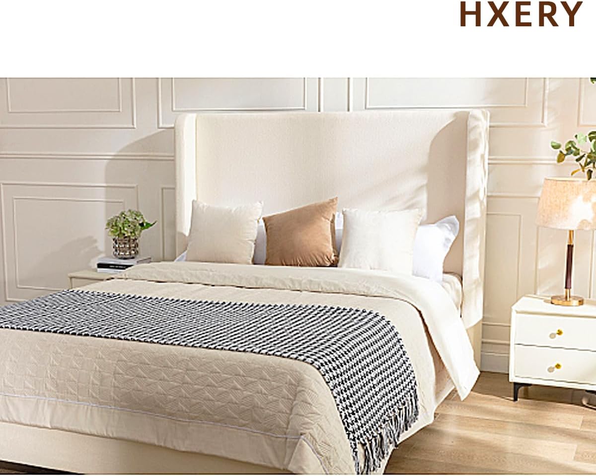 King Size Bed Frame With Headboard,54'High Headboard Boucle Upholstered Platform Bed,bedroom Furniture Sets No Springs Required,Metal Bed Frame With Wooden Slats for Strong Support,No Noise Free,Ivory
