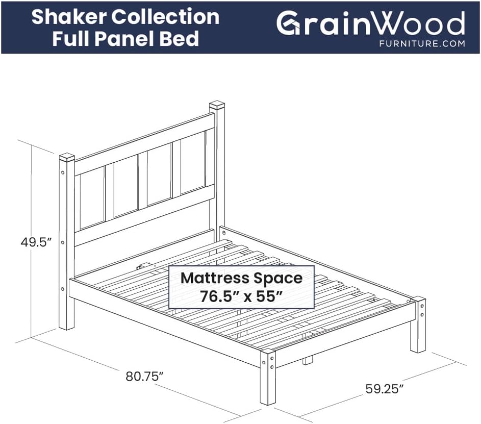 Grain Wood Furniture Shaker Solid Wood Panel Platform Bed, Full Size, Walnut