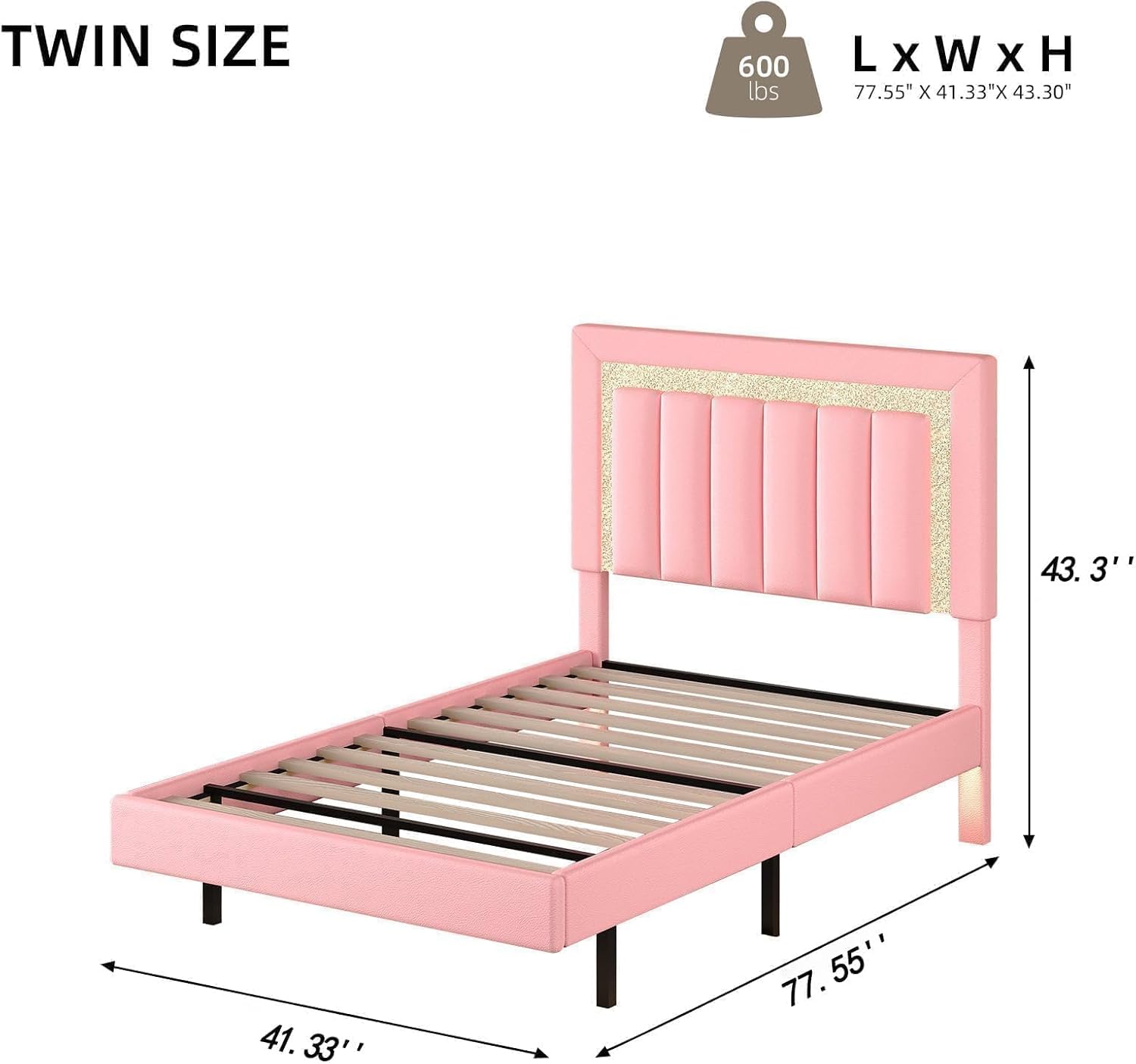 HOMBCK Floating Twin Bed Frame with LED Lights, Faux Leather Upholstered Bed Frame Twin with Diamond Headboard, No Box Spring Needed, Noise-Free, Easy Assembly, Pink