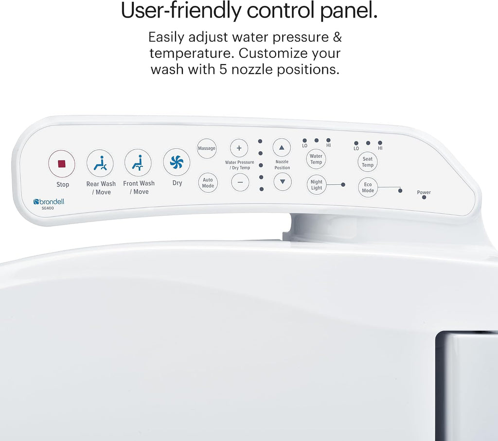 Brondell SE400-EW Swash SE400 Electric Bidet Toilet Seat With Heated Seat, Oscillating Stainless Steel Nozzle, Warm Air Dryer, Night Light, Gentle Close Lid, White Side Arm Control, Elongated