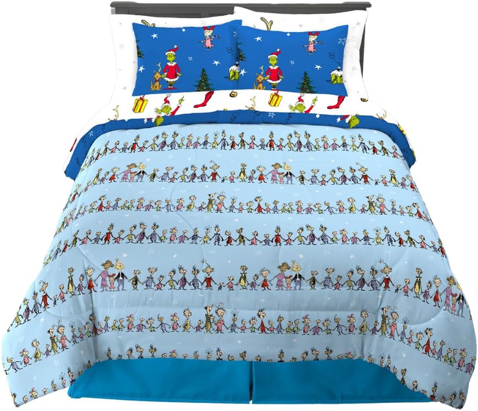 Grinch by Dr. Seuss Holiday & Christmas Bedding Super Soft Comforter and Sheet Set with Sham, 7 Piece King Size (Official Dr. Seuss Product) By Franco