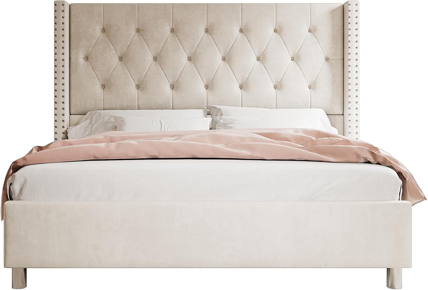 Jocisland Bed Frame King Size Velvet Tufted Upholstered Bed Low Profile Platform Bed Raised Wingback Headboard/Wood Slats Support/No Box Spring Needed/Easy Assembly/Cream