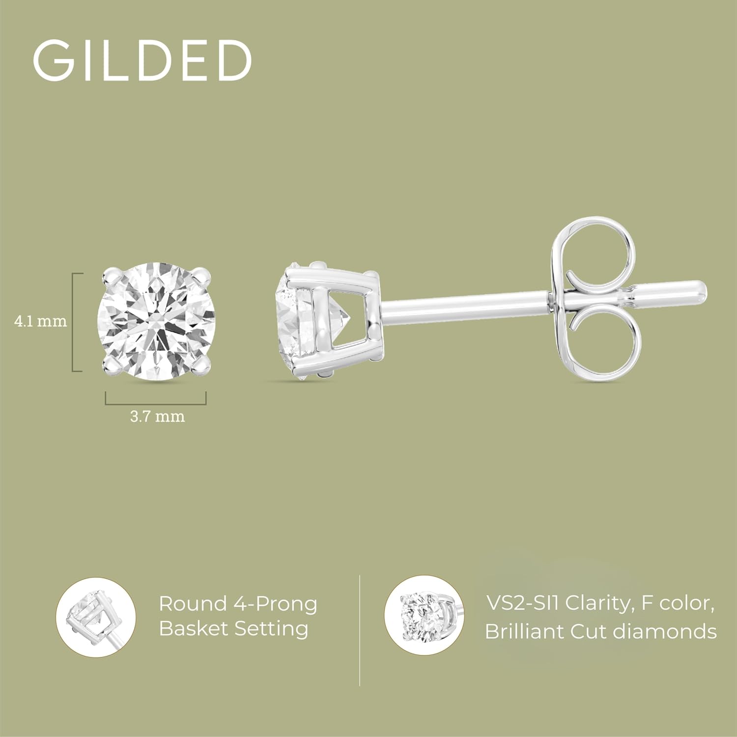 Gilded Lab-Grown Diamond Stud Earrings 10KT White Gold and 10KT Yellow Gold | Hypoallergenic Fine Gold Jewelry | 4-Prong Basket, Push Back Nut | VS2 SI1 Clarity, F Color, Round Cut | 1/5,1/4,1/3,3/8,1/2,3/4,1,2 ct tw