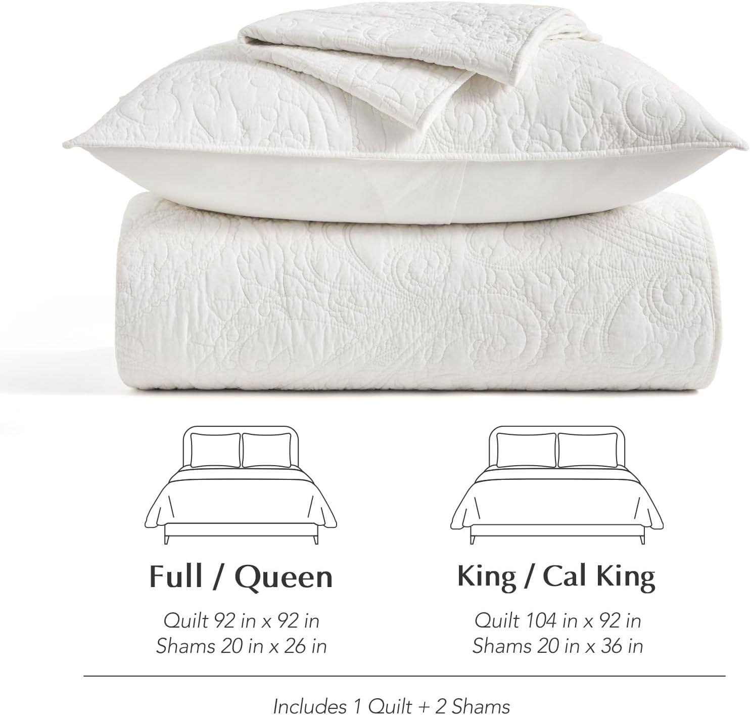 EVERGRACE 100% Cotton Paisley Quilt Set, King Size 3 Piece Set – Prewashed Lightweight Bedspread with 2 Shams, Soft & Breathable Matelasse-Style Quilted Coverlet for All-Season Comfort, Bright White