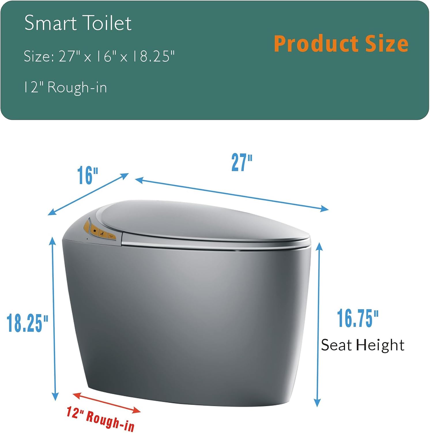 12' Elongated Smart Toilet with Egg-Shaped Night Light,Auto Flush Open & Close Seat,Build-in Bidet Seat,Multi-Function Flushing Mode,LED Display (Matte Gray)