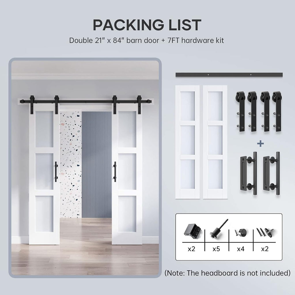 Double 21×84 Inch Glass Barn Door Slab and 7ft Hardware Kit Included, 3 Frosted Glass, LVL Wood Panel Covered with White Water-Proof Scratch-Proof PVC Surface, Simple DIY Assembly
