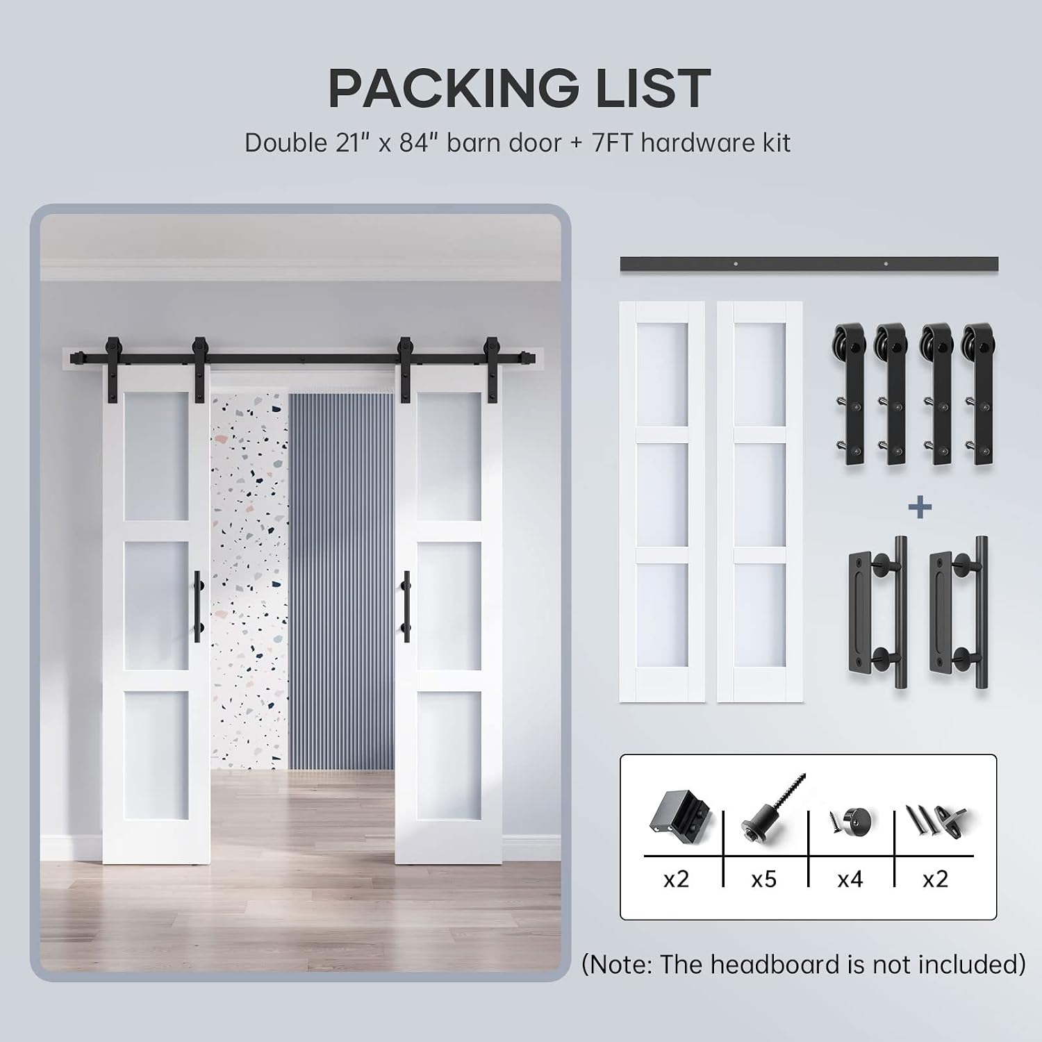 Double 21×84 Inch Glass Barn Door Slab and 7ft Hardware Kit Included, 3 Frosted Glass, LVL Wood Panel Covered with White Water-Proof Scratch-Proof PVC Surface, Simple DIY Assembly