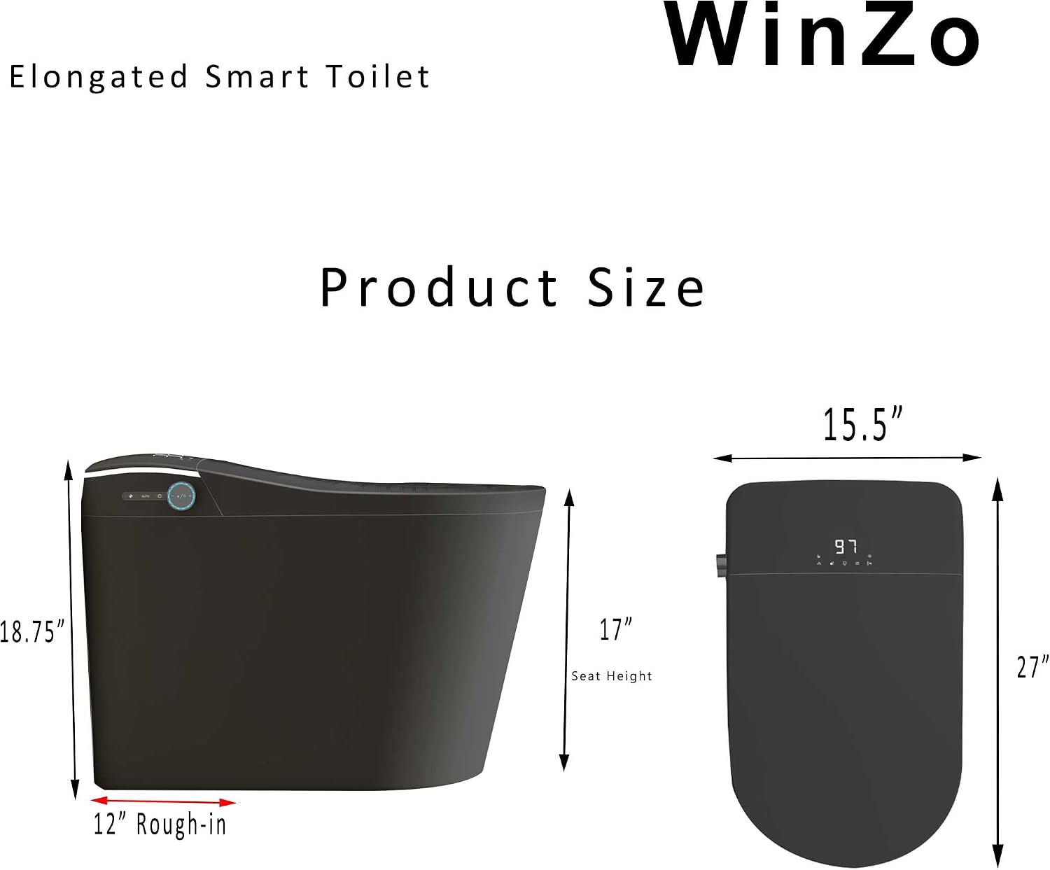 WinZo Elongated Smart Toilet With Bidet Built-in,Auto Open & Flush Auto Soft Close Seat, Hands-Free Adjusted Heated Seat & Warm Air Dyring, Matte Black (No Foam Cover Version)