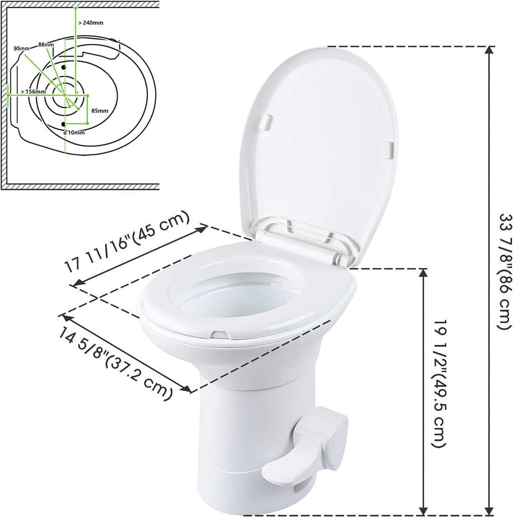 Yescom RV Toilet with Bidet Spray Porcelain Enamel Elongated Gravity Flush Foot Pedal Toilet for Motorhome Caravan Travel Tailer 20' Seating Height Portable Restroom Toilet Fits for Marine