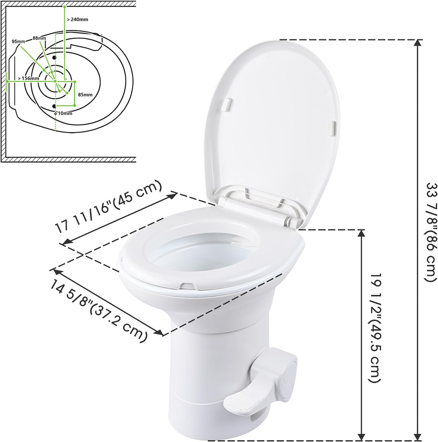 Yescom RV Toilet with Bidet Spray Porcelain Enamel Elongated Gravity Flush Foot Pedal Toilet for Motorhome Caravan Travel Tailer 20' Seating Height Portable Restroom Toilet Fits for Marine