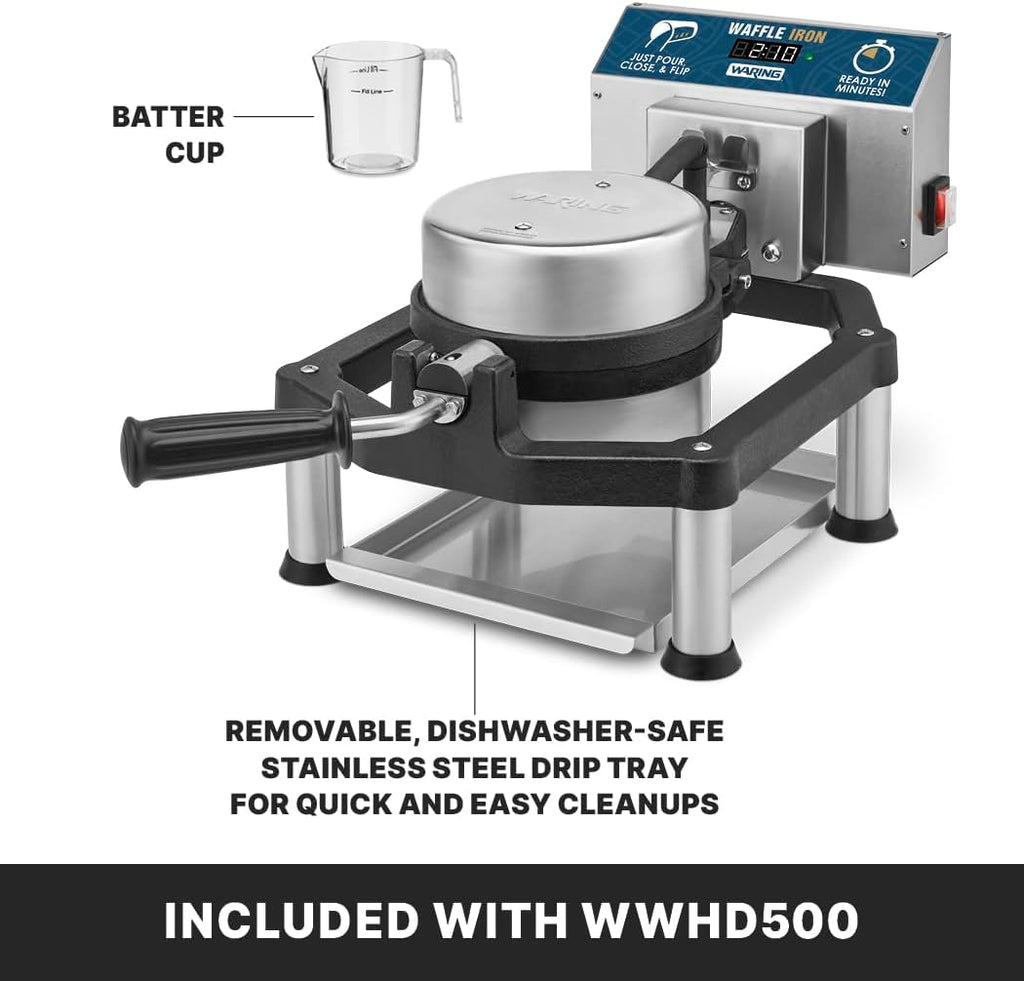 Waring Commercial Heavy-Duty Cast Iron Belgian Waffle Maker, 30 Waffles per Hour, 360° Rotating Design, for High-Volume Restaurants & Hotels, NSF Certified, WWHD500