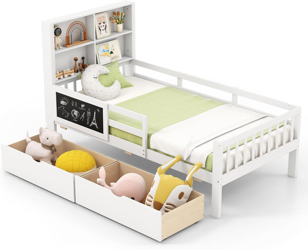 Giantex Twin Bed with 2 Storage Drawers, Solid Wood Kids Bed Frame w/Bookcase Headboard & Blackboard, Full-Length Guardrails & Wooden Slats Support, Twin Bed Frames for Kids Boys Girls, White