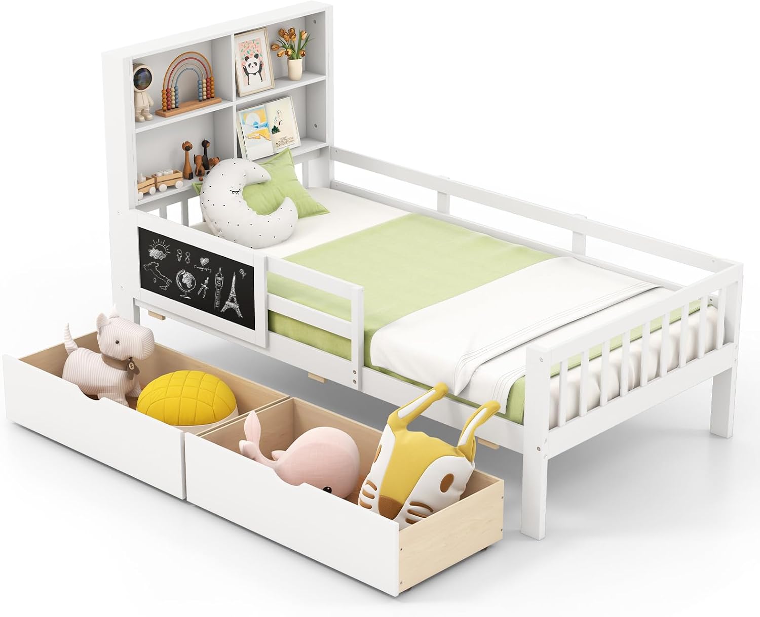 Giantex Twin Bed with 2 Storage Drawers, Solid Wood Kids Bed Frame w/Bookcase Headboard & Blackboard, Full-Length Guardrails & Wooden Slats Support, Twin Bed Frames for Kids Boys Girls, White