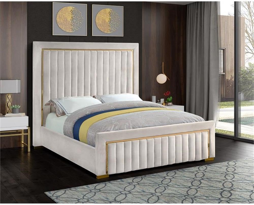 Meridian Furniture Dolce Collection Modern | Contemporary Velvet Upholstered Bed with Luxurious Channel Tufting and Gold Metal Trim/Legs, Queen, Cream