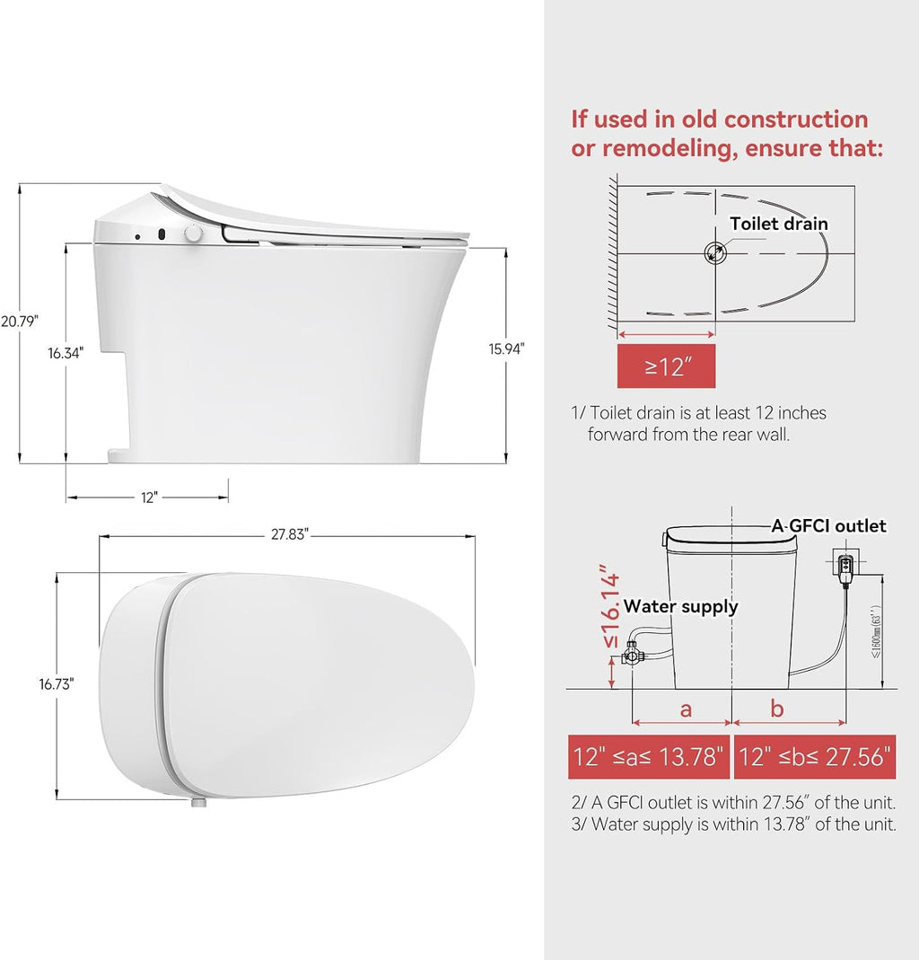 R&T C2 Smart Toilet with Tank, One-Piece Bidet Toilet, Blackout Flush, Auto Open & Flush, Foot Sensor, Remote Control, Heated Seat, Warm Water, Air Dryer, Night Light & Deodorizer