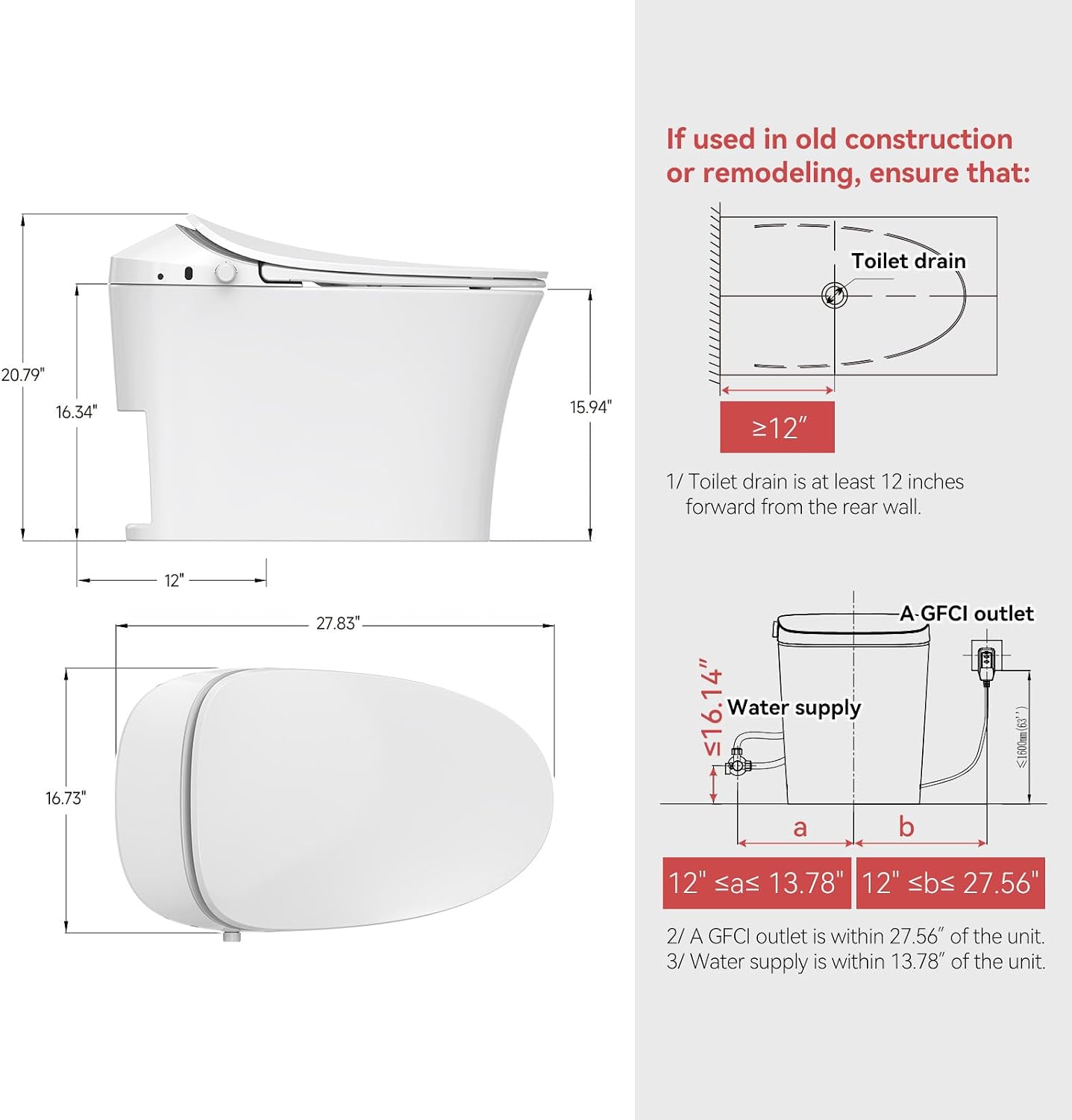 R&T C2 Smart Toilet with Tank, One-Piece Bidet Toilet, Blackout Flush, Auto Open & Flush, Foot Sensor, Remote Control, Heated Seat, Warm Water, Air Dryer, Night Light & Deodorizer