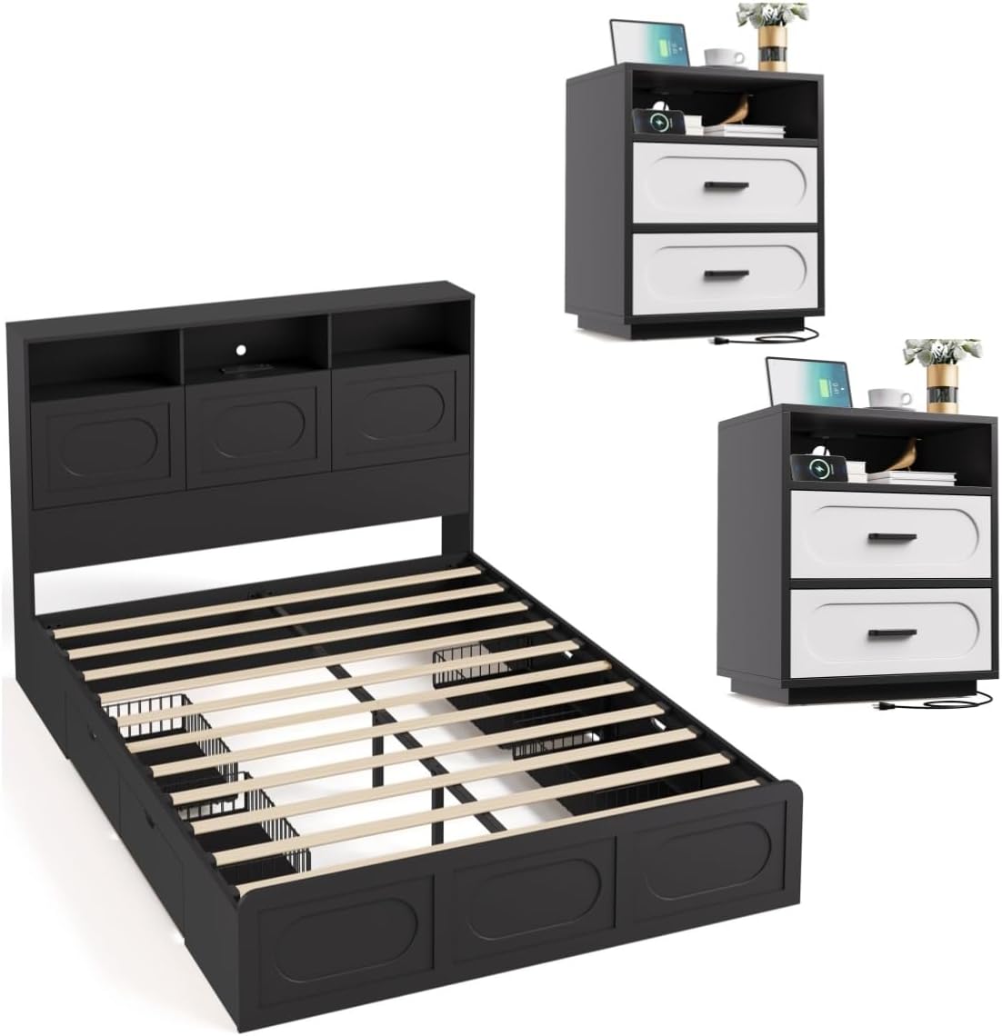 3 Pieces Bedroom Set, Queen Size Bed Frame with Storage Headboard, 2 Nightstands with Charging Station, Black