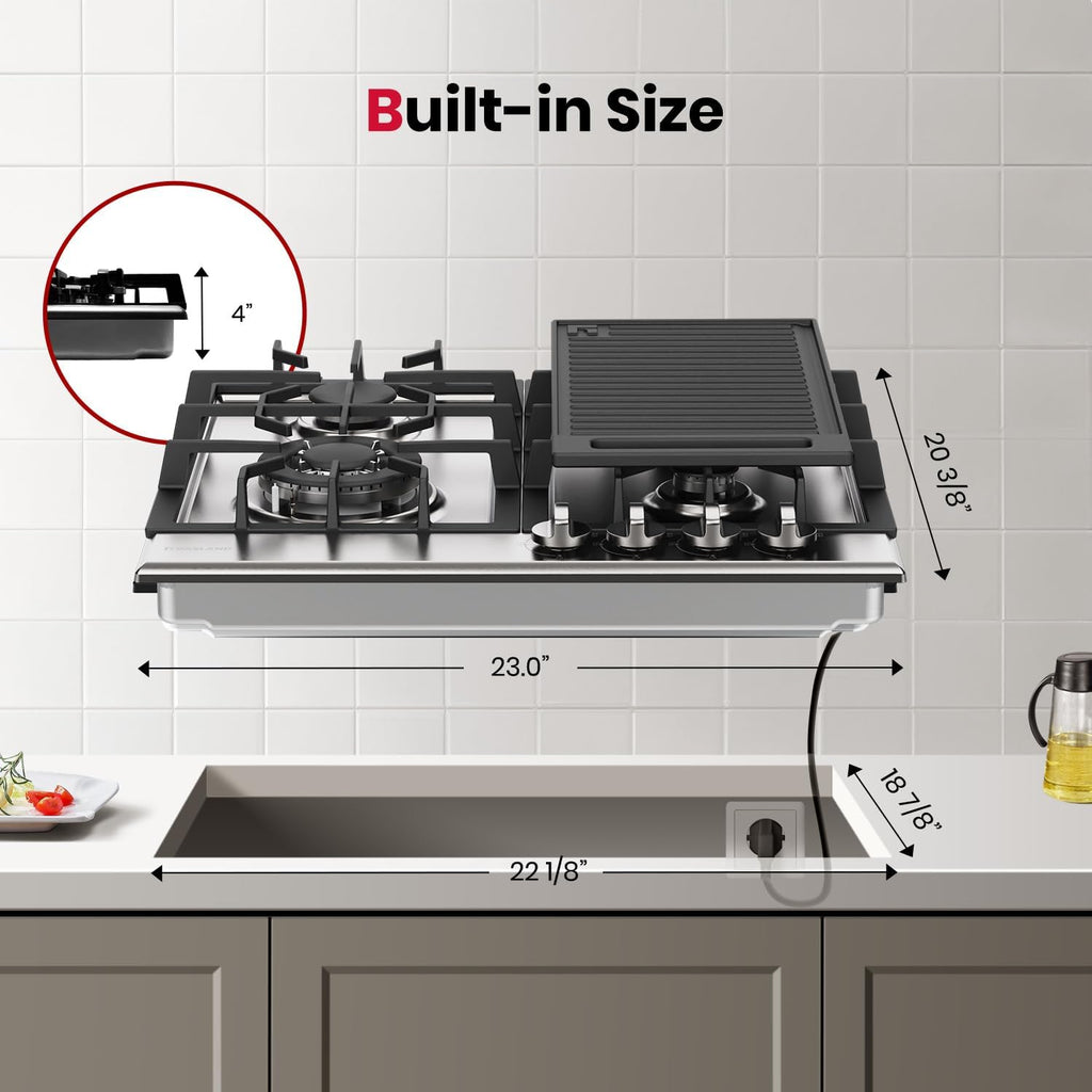 GASLAND 24 Inch Gas Cooktop with Griddle, 4 Sealed Burners Stovetop, LPG/NG Convertible Dual Fuel Natural Gas Hob, Heavy Duty Cast Iron Grates, Electronic Ignition, Zinc Alloy Knobs, Stainless Steel