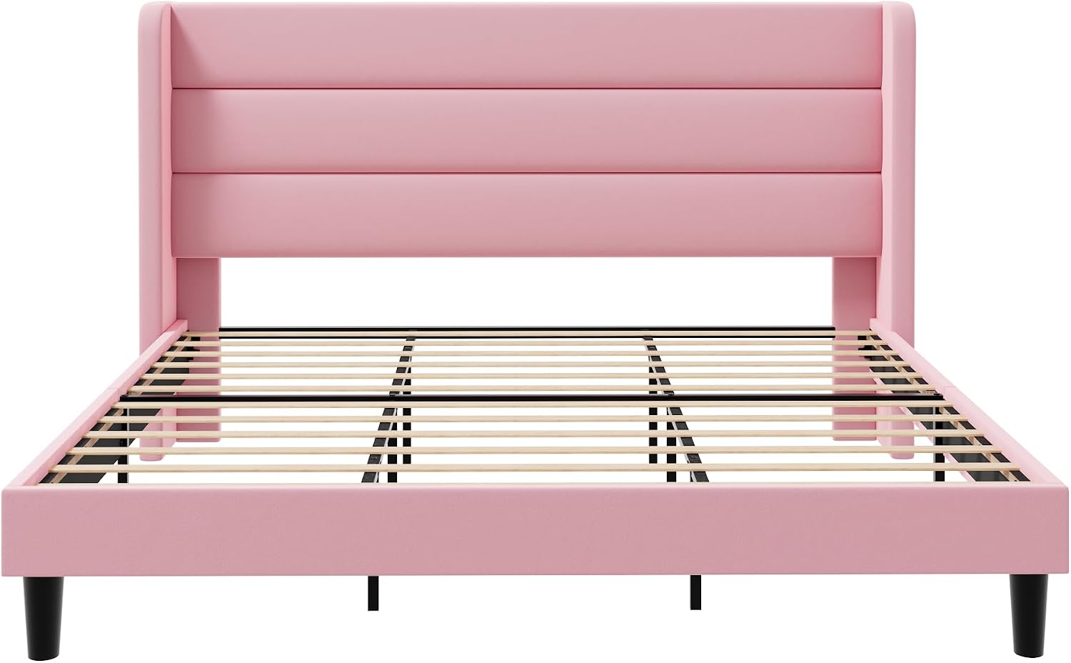SHA CERLIN King Size Velvet Bed Frame with Wingback Headboard/Upholstered Platform Bed with Wooden Slats/Mattress Foundation/No Box Spring Needed/Easy Assembly/Pink