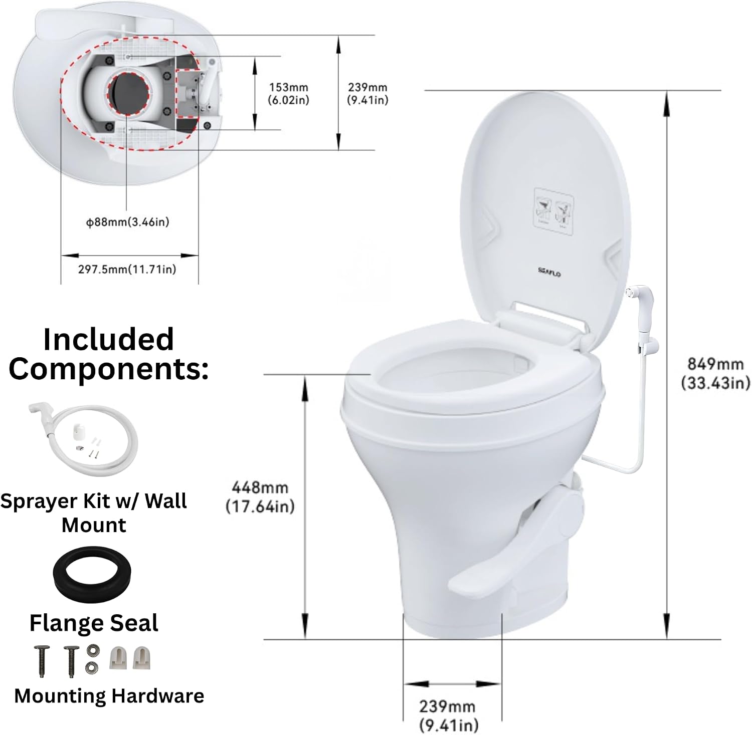 SEAFLO RV Toilet with Sprayer Attachment - White, 18.4' Residential Height, Gravity Flush Foot Pedal Camper Toilet Soft Close Seat Elongated Bowl Motorhome, 4-Year Warranty, SFRTPH-01-02