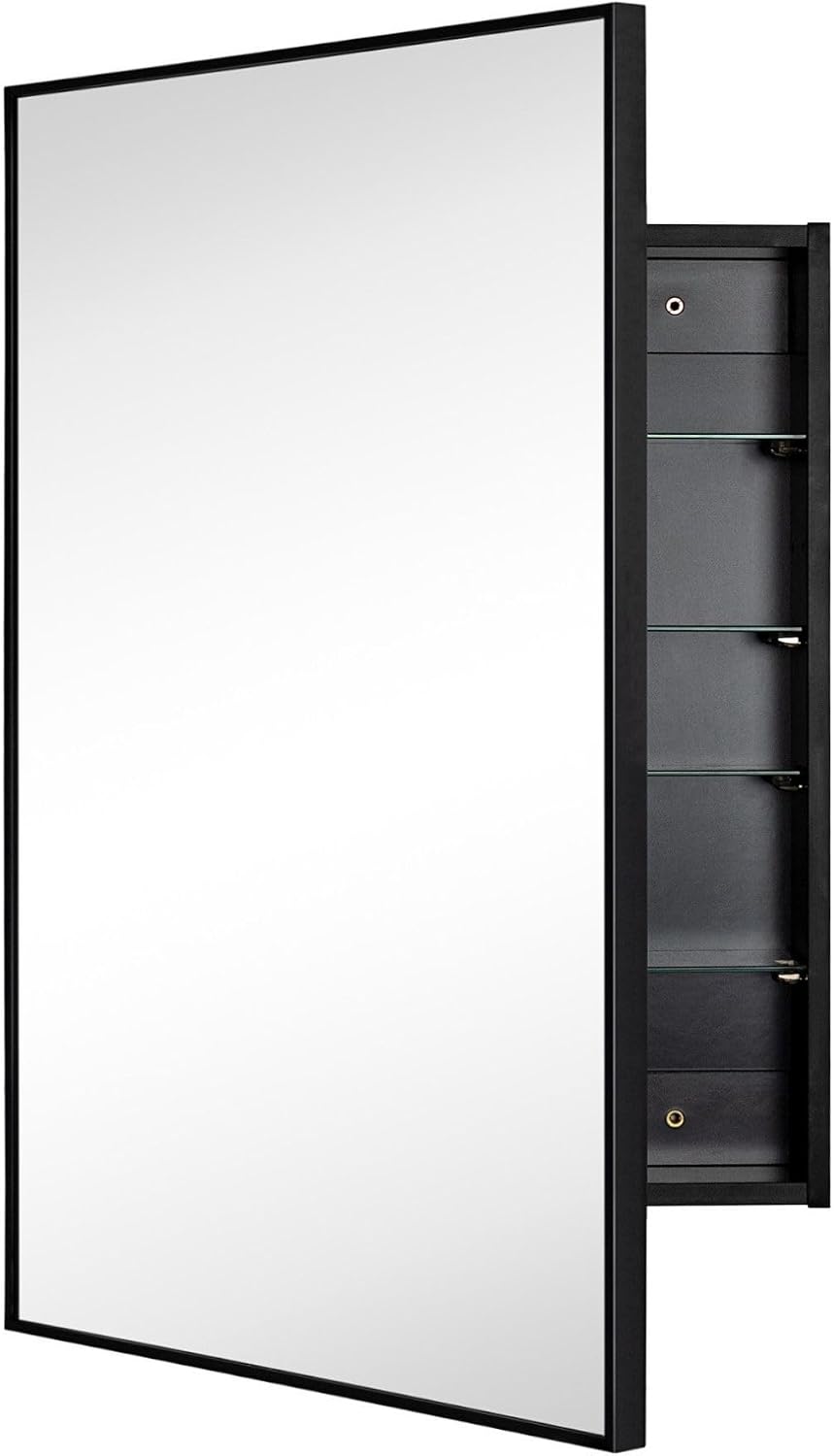 TEHOME 24'' x 30'' Black Recessed and Surface Mount Bathroom Medicine Cabinet with Mirror Matt Black Square Cornered Metal Framed Rounded Rectangle Medicine Cabinet Mirror