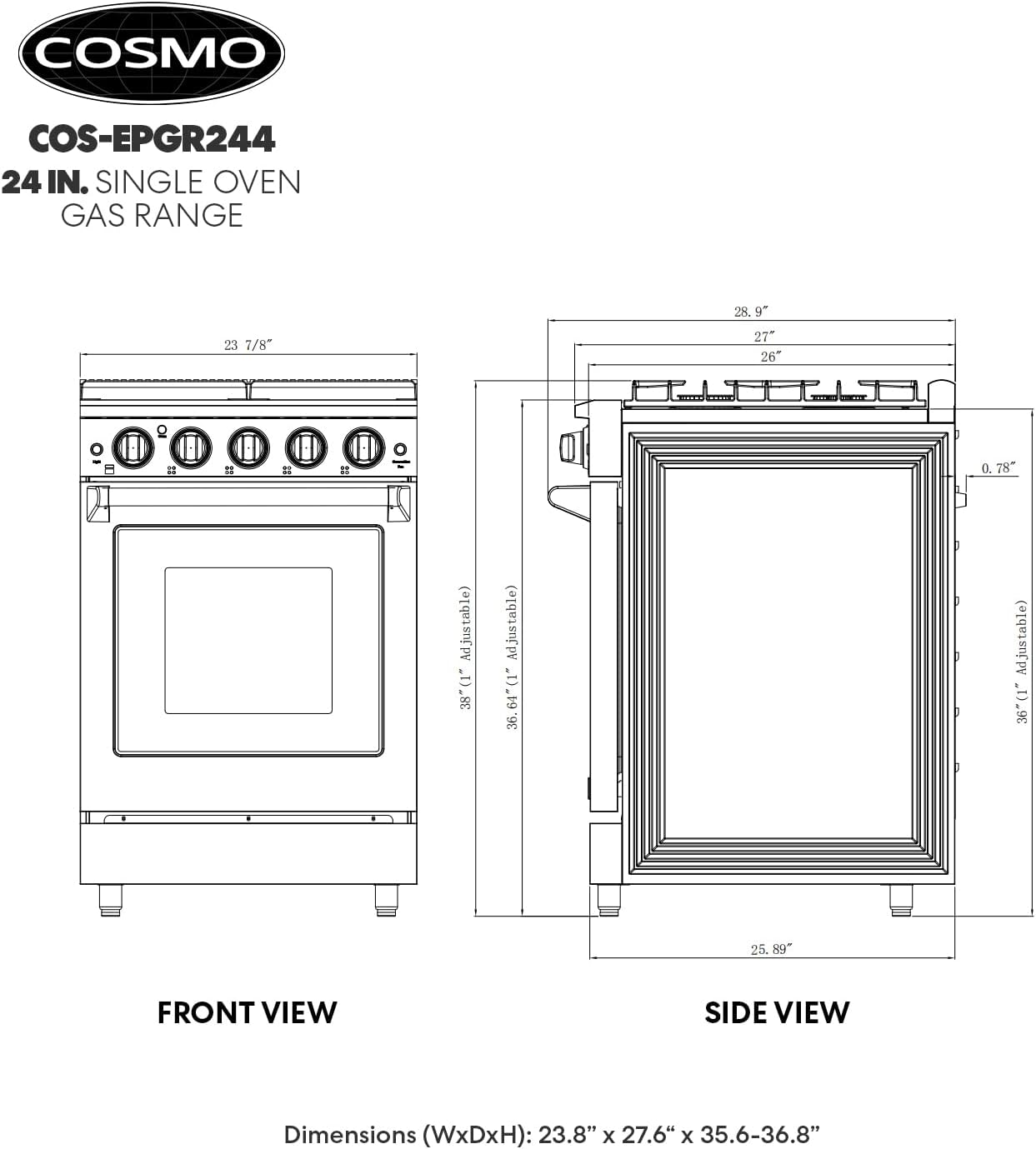 COSMO COS-EPGR244 24 in. Haven Collection 3.73 cu. ft. Gas Range with 4 Sealed Burners, Cast Iron Grates, Convection Oven, Stainless Steel