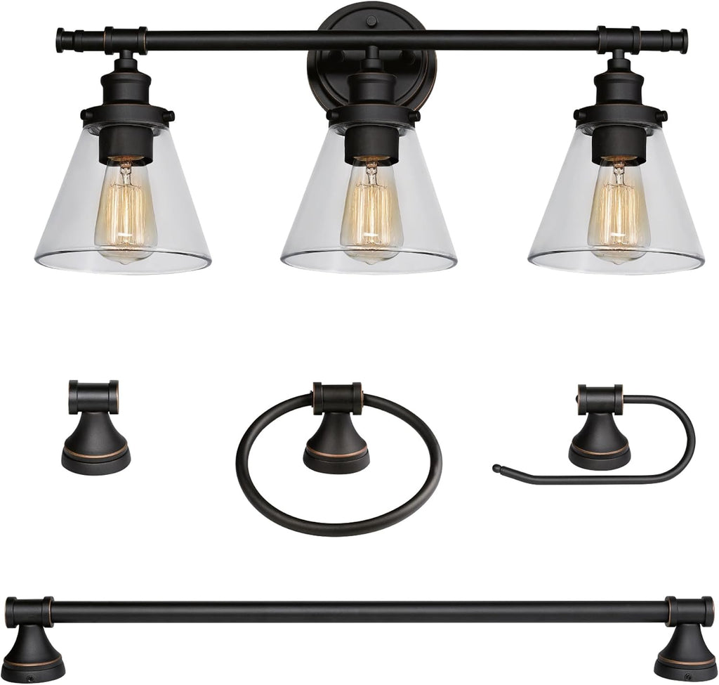 Globe Electric 50192 Parker 5-Piece All-In-One Bathroom Set, Oil Rubbed Bronze, 3-Light Vanity Light with Clear Glass Shades, Towel Bar, Towel Ring, Robe Hook, Toilet Paper Holder, Oil-rubbed Bronze