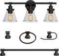 Globe Electric 50192 Parker 5-Piece All-In-One Bathroom Set, Oil Rubbed Bronze, 3-Light Vanity Light with Clear Glass Shades, Towel Bar, Towel Ring, Robe Hook, Toilet Paper Holder, Oil-rubbed Bronze