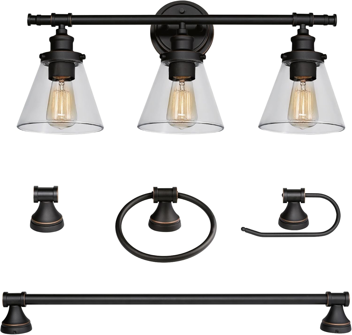 Globe Electric 50192 Parker 5-Piece All-In-One Bathroom Set, Oil Rubbed Bronze, 3-Light Vanity Light with Clear Glass Shades, Towel Bar, Towel Ring, Robe Hook, Toilet Paper Holder, Oil-rubbed Bronze