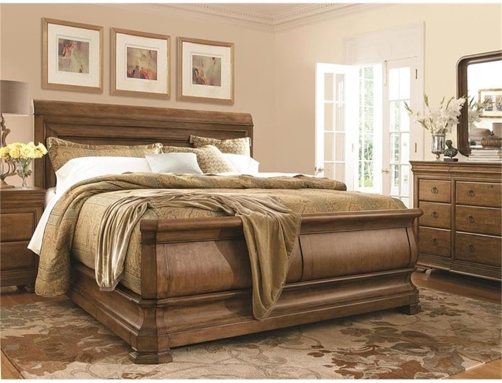 MAKLAINE Contemporary King Wooden Sleigh Bed, Cognac Brown Finish, 86W x 93D x 60H Inches, Sturdy Wood Frame, Box Spring Required, Elegant Bedroom Furniture