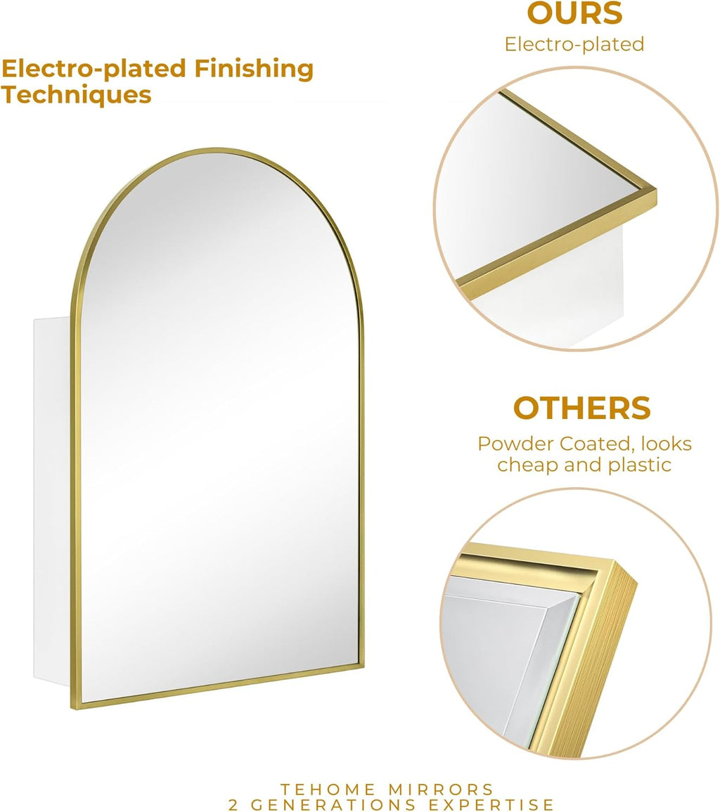 TEHOME 20 x 30'' Brush Gold Arched Bathroom Medicine Cabinet with Mirror Recessed and Surface Mount Medicine Cabinet Mirror