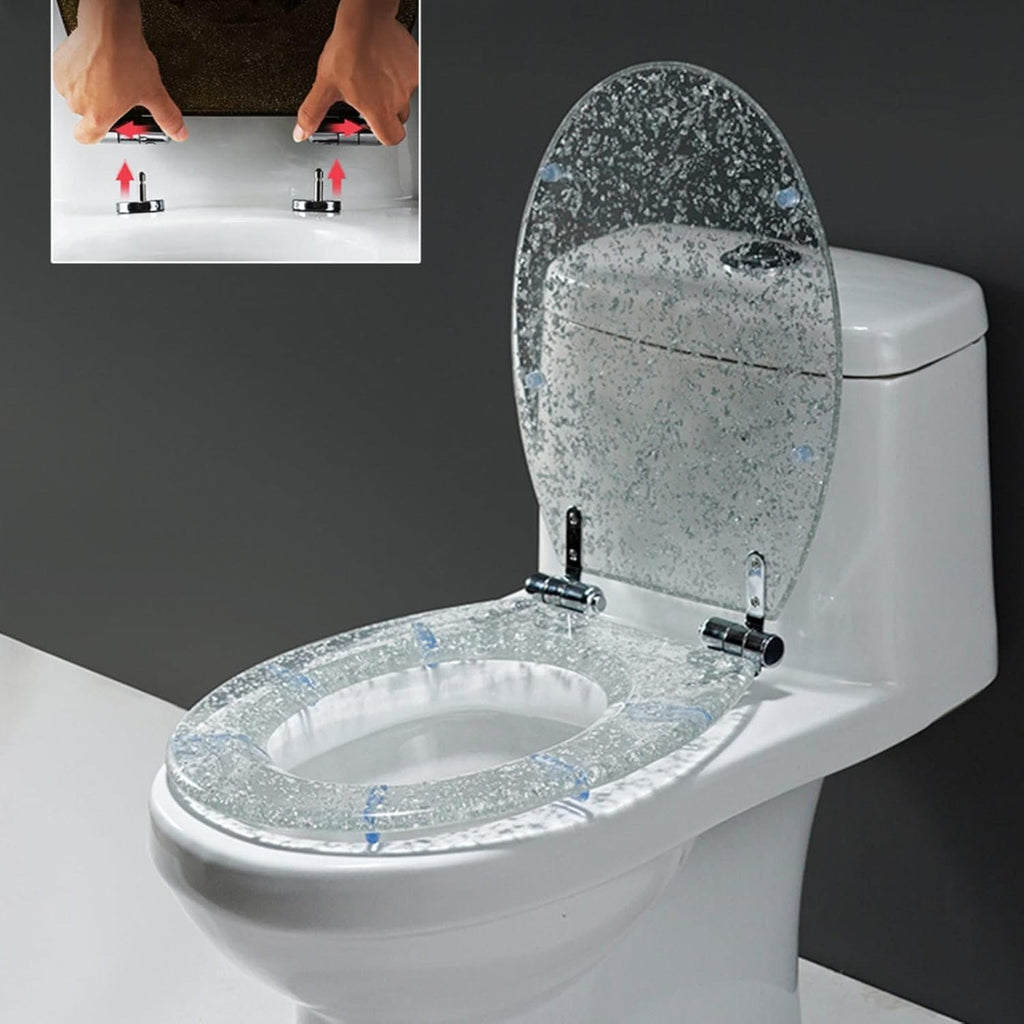 Glitter Resin Toilet Seat Elongated, Soft Close Quick Release, Easy Installation/Remove, Fit All Standard Oval-Shape (Silver Foil)