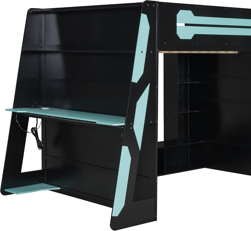 Bellemave Gaming Loft Bed with Desk and Lights, Full Loft Bed with Storage Shelves and Work Station, Wood Loft Bed Frame for Kids, Boys, Girls, Teens, No Spring Box Needed & Dedicated Style, Blue