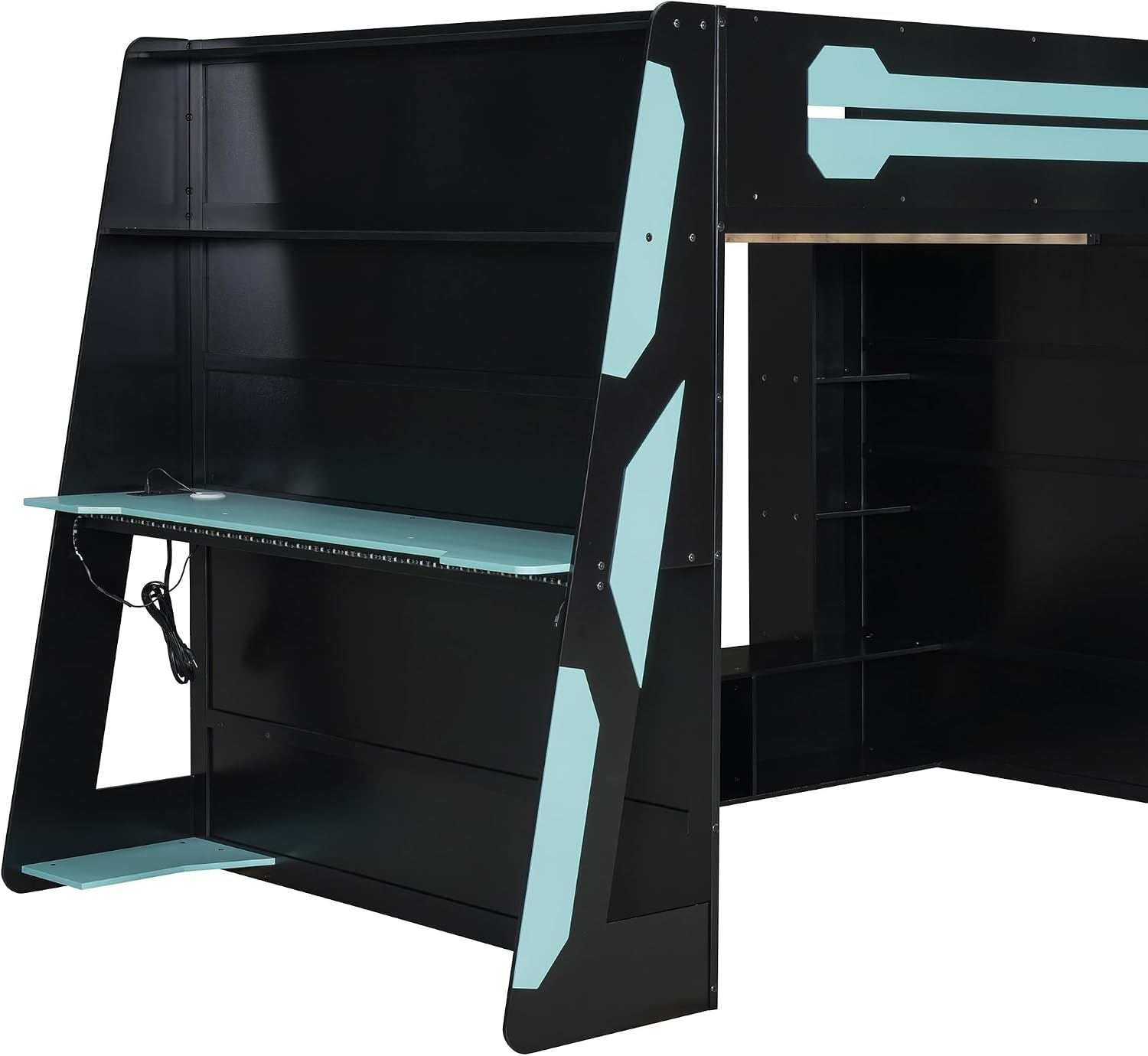Bellemave Gaming Loft Bed with Desk and Lights, Full Loft Bed with Storage Shelves and Work Station, Wood Loft Bed Frame for Kids, Boys, Girls, Teens, No Spring Box Needed & Dedicated Style, Blue