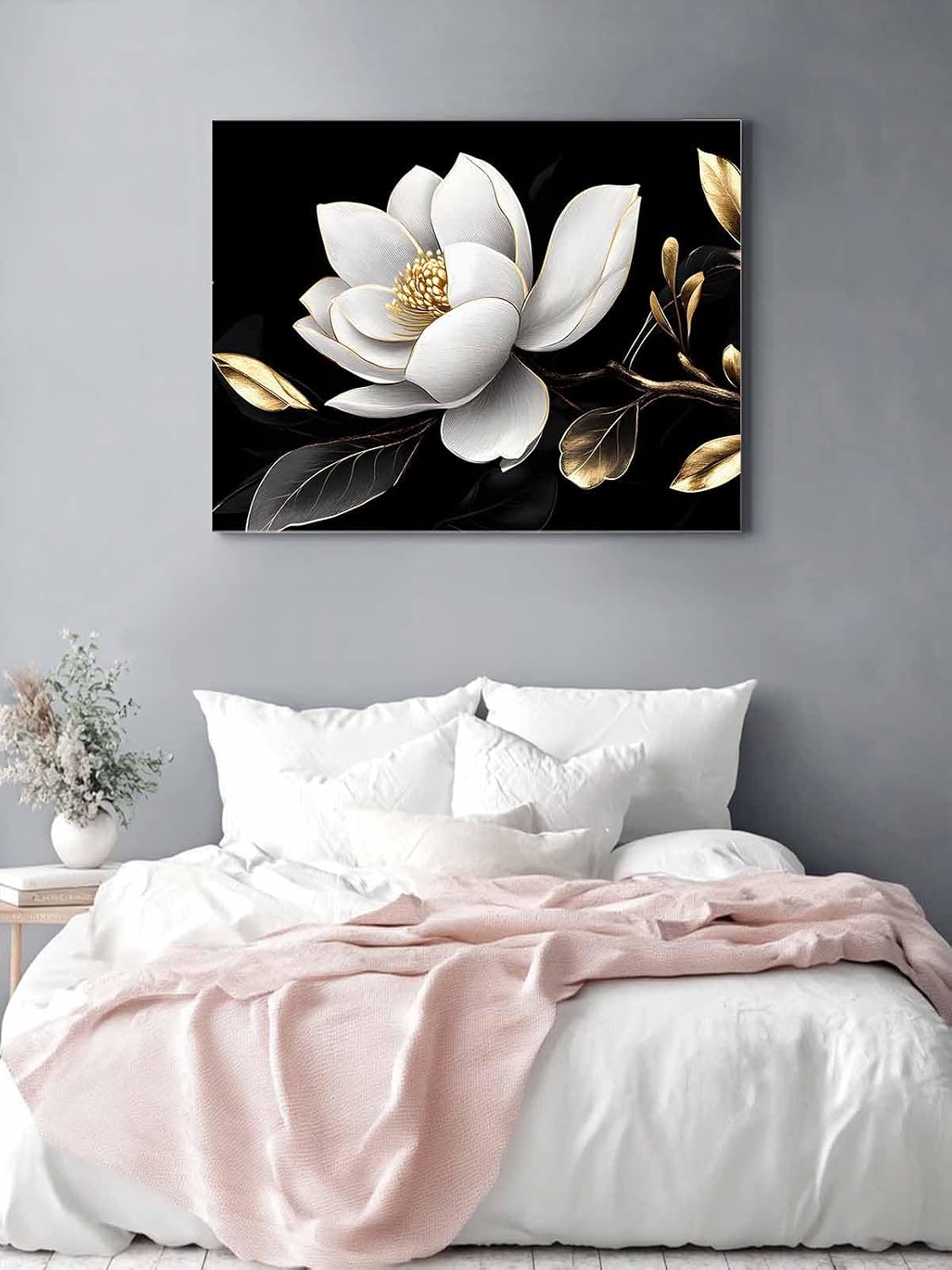 White Flowers Wall Art,Black Gold Farmhouse Floral Framed Canvas Picture Wall Decor for Living Room Bathroom Bedroom,Vintage Leaves Painting Artwork for Office Kitchen Hallway Home Decorations 20'x24'