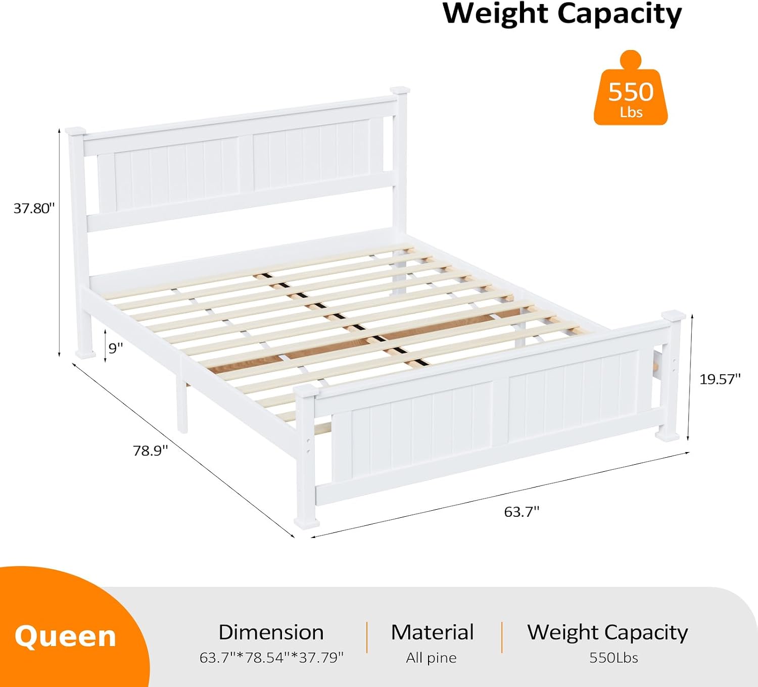 VINGLI Queen Bed Frame with Headboard Wood Platform Panel Bed,Heavy Duty Bed Slat No Box Spring Needed, White